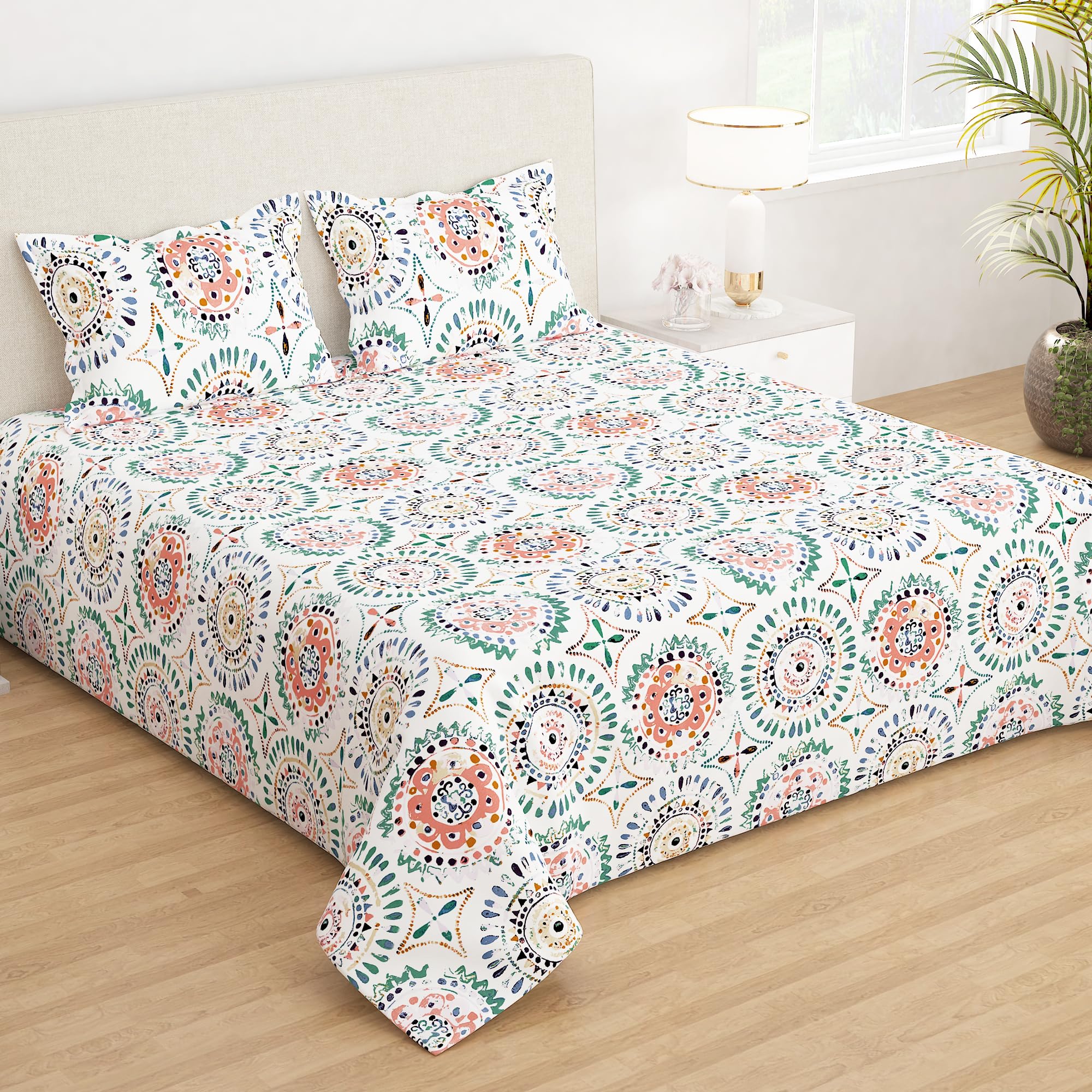Story@Home Bedsheet for Double Bed Queen Size Microfiber 210 TC with 2 Pillow Covers, 225 cm X 250 cm, White & Peach, Motif-picture-21