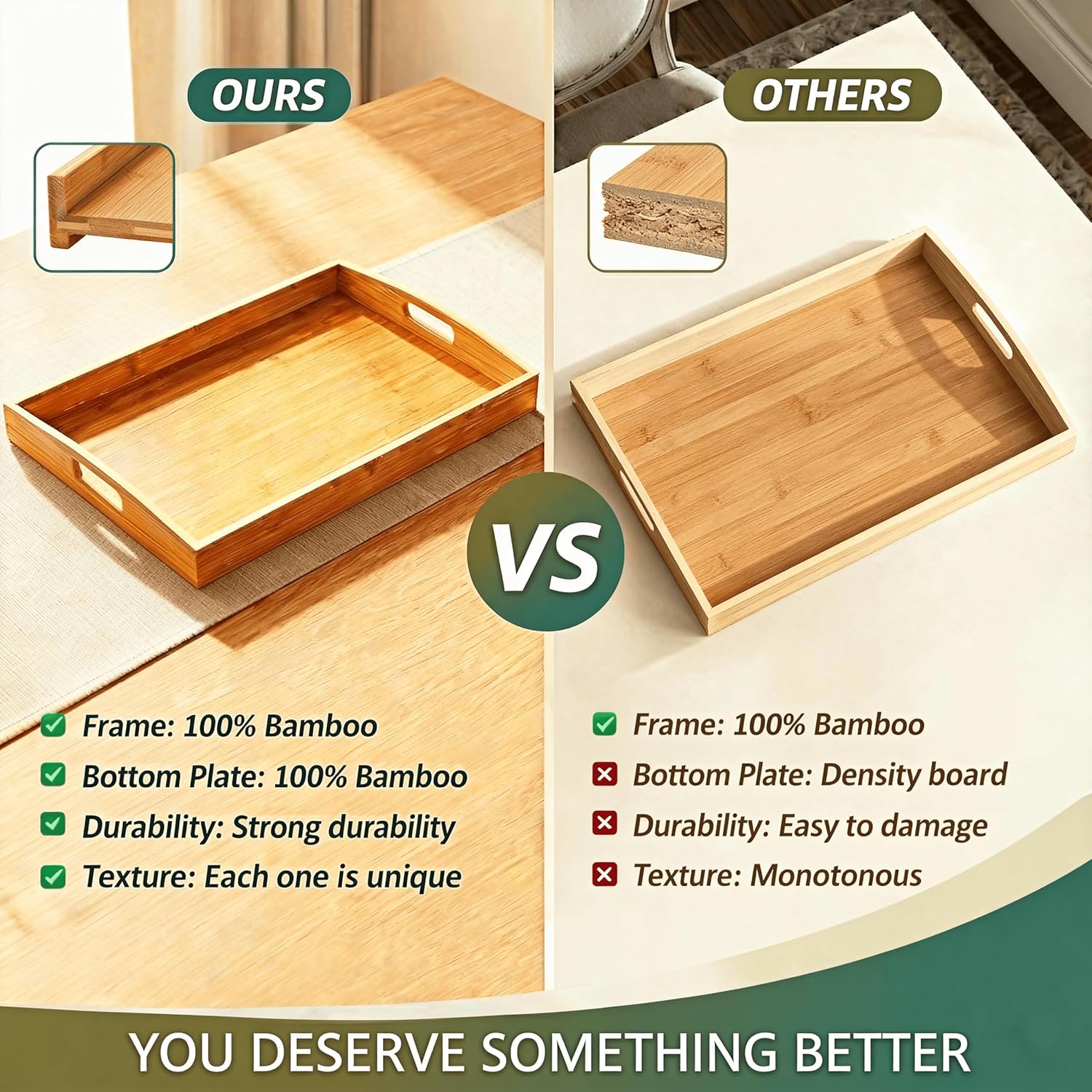 Bamboo Serving Tray Set of 2 with Handles, Nesting Wooden Serving Trays for Food & Drinks, Coffee Table Ottoman Tray for Living Room Decor, Large 16.9" x 12.7" x 1.5" & Small 15.6" x 11.7" x 1.5"