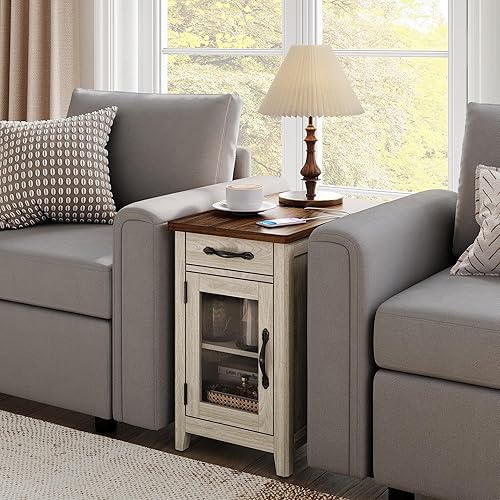 Miniatura 4 de LINSY HOME Juego de 2 mesas auxiliares con estación de carga, moderna mesa auxiliar de sofá de granja, mesita de noche de madera para sala de estar,