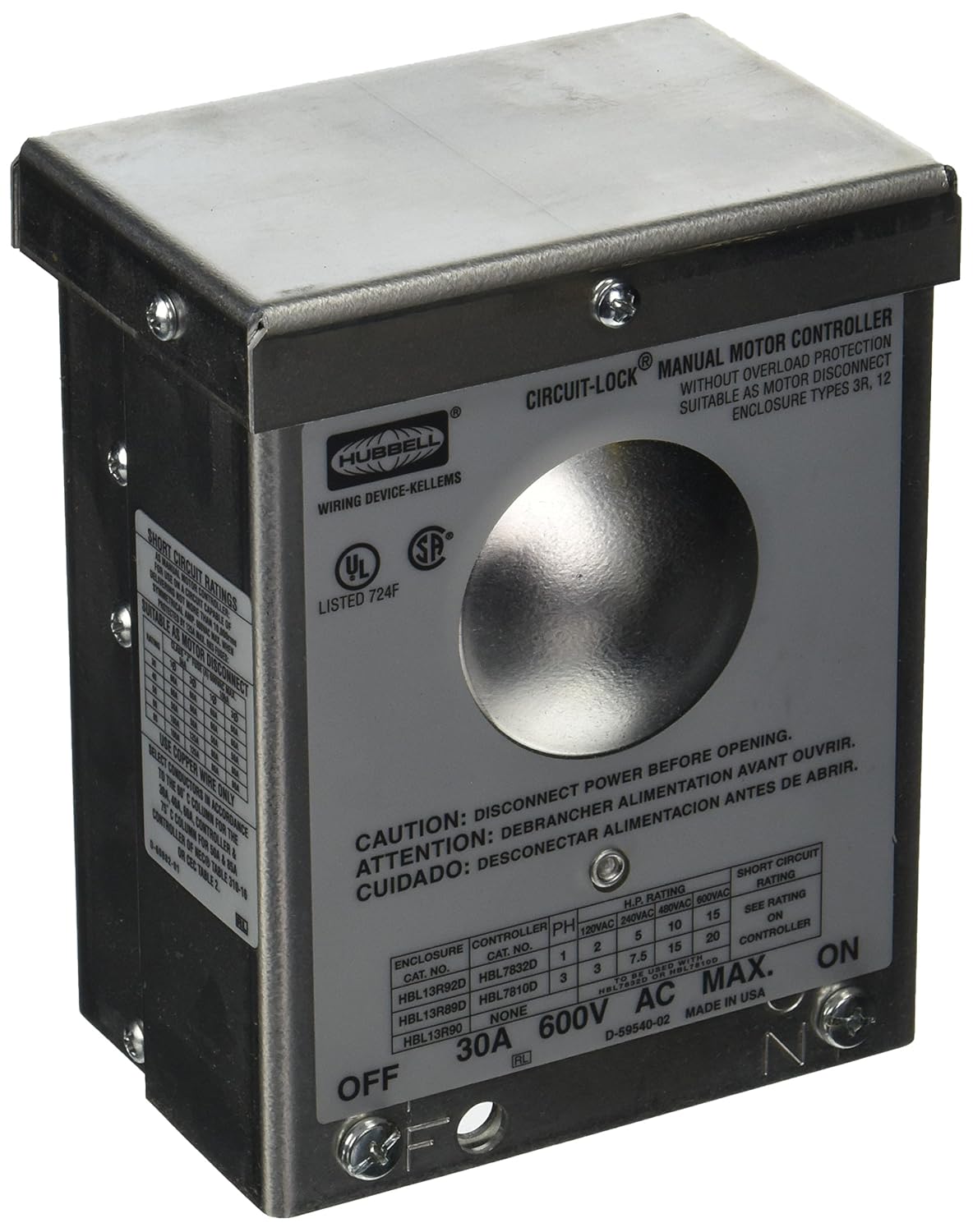 Hubbell HBL13R89D3 Pole Disconnect Switch with NEMA 3R Enclosure, 30 amp, 600V