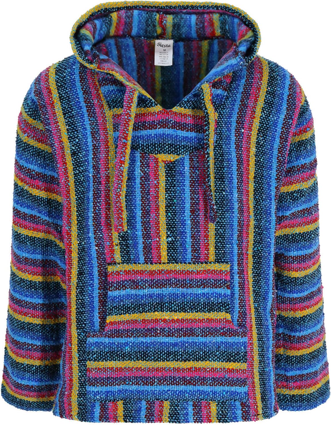 Mexican Baja Jerga Hoodie Hippie Festival Top in Maroon, Black and White Stripe