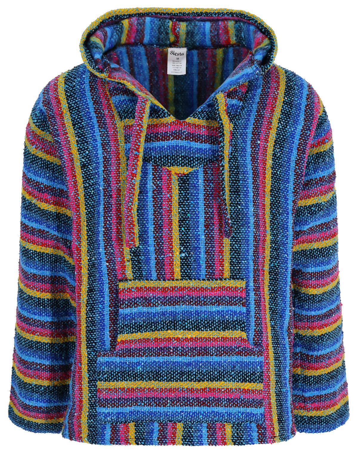 SiestaMexican Baja Jerga Hoodie Hippie Festival Top in Maroon, Black and White Stripe