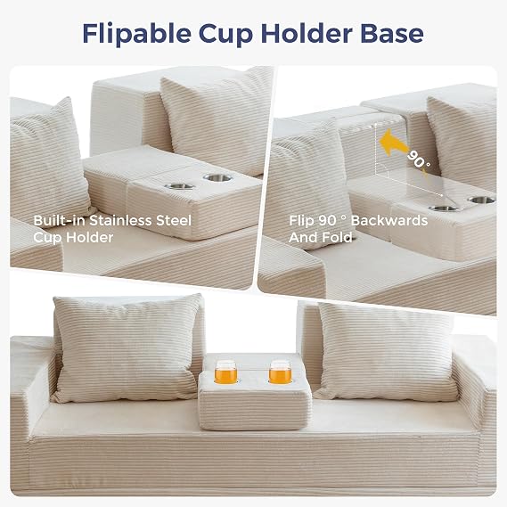MAXYOYO Folding Sofa Bed, Corduroy Floor Couch with Cup Holder