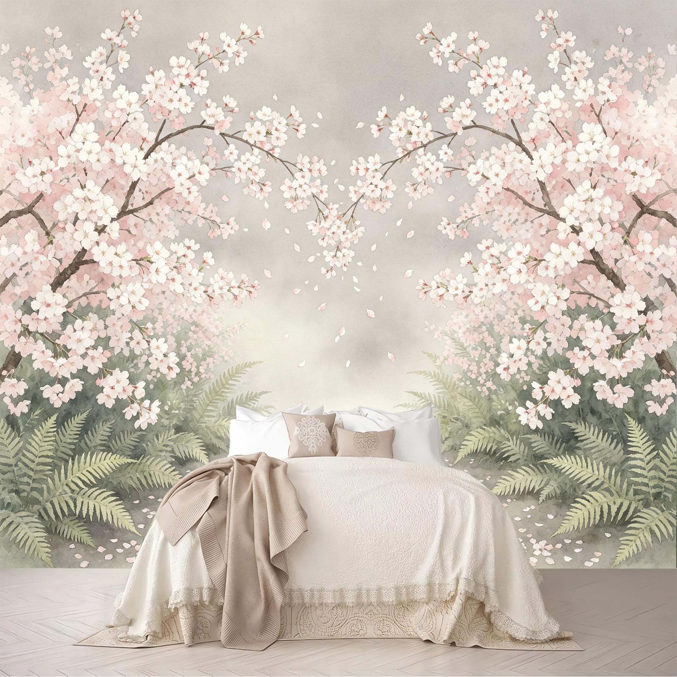 Dskjoviality Ab260706072 Custom Size Wall Murals Falling Cherry Blossom Fern Watercolor Art Removable Self-Adhesive For Bedroom Living Room Dining Room