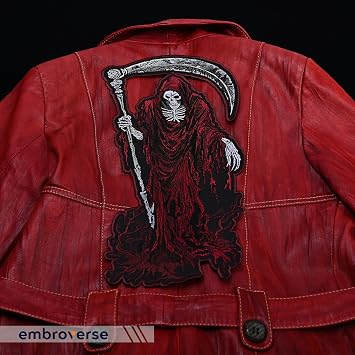 EMBROVERSE Red Grim Reaper Embroidered Patch - Gothic Death Scythe, Large Dark Art Cosplay Skeleton Horror Applique for Jackets, Biker Vests, Iron On, 6.5 x 12.5 inches