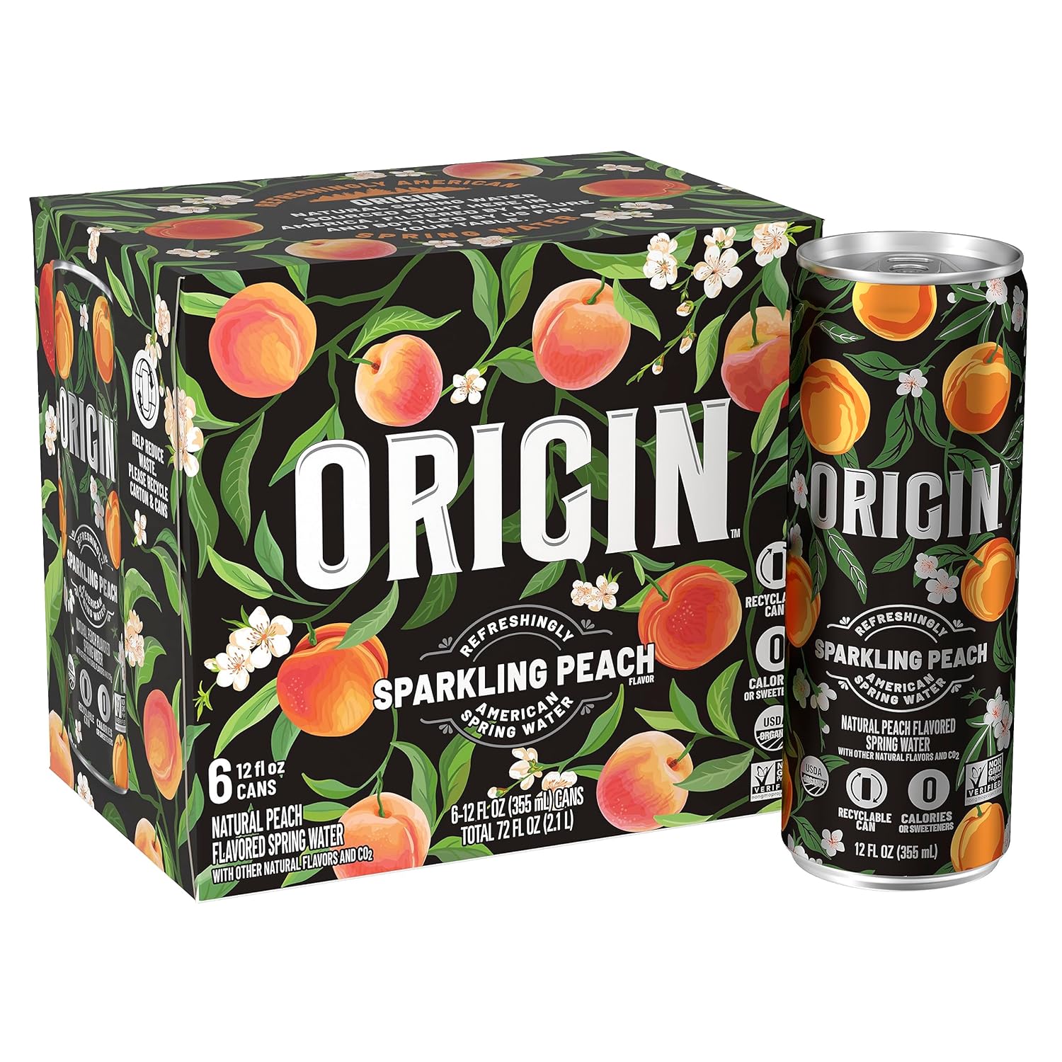 ORIGIN Organic & NonGMO Peach Flavor Sparkling Water, 12