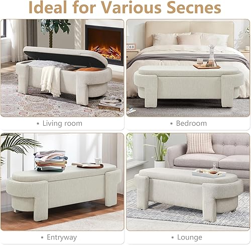 Miniatura 13 de Banco otomano ovalado de almacenamiento para dormitorio, de 51.5 pulgadas de largo, banco de entrada tapizado de felpilla con patas giratorias,