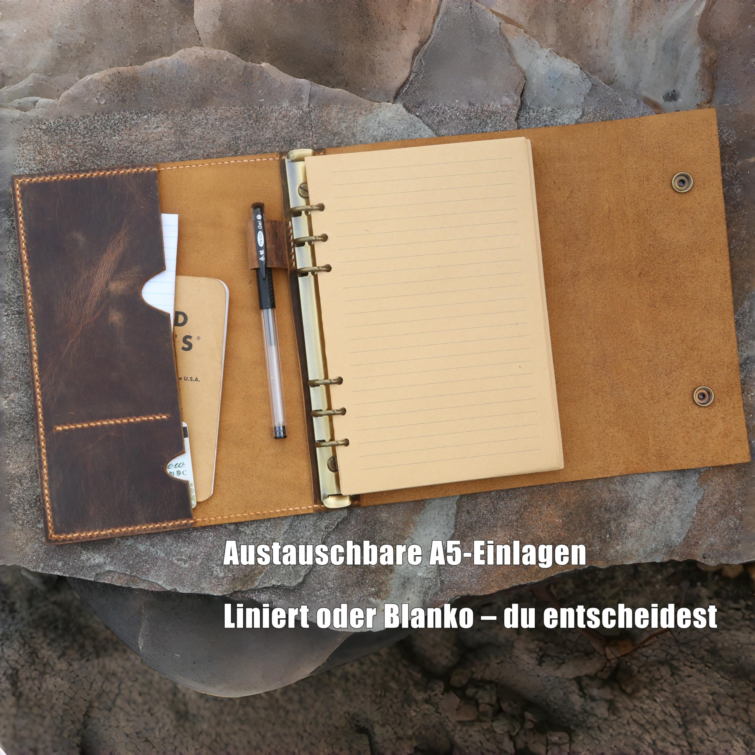 D&M leather studio Personalisiertes A5 Leder Notizbuch – nachfüllbares Ringbuch im Vintage Look, Schreibmappe A5 mit Stiftschlaufe & Kartenfach, Konferenzmappe/Dokumentenmappe