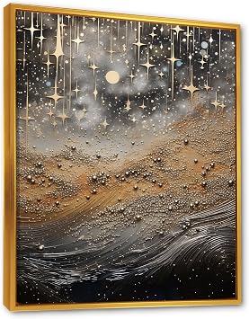 DesignQ Abstract collages Gold Framed Wall art decor, Abstract Collages Wall Art, Starlit Gold and Onyx Sky I, Extra large Canvas wall art, 34x44 inches