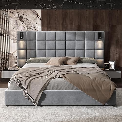 Merax California King Size Upholstered Velvet Bed Frame, with Wall Sconce and USB Port, Wide Headboard for Bedroom, (Without Bedside Tables & Mattress), Gray