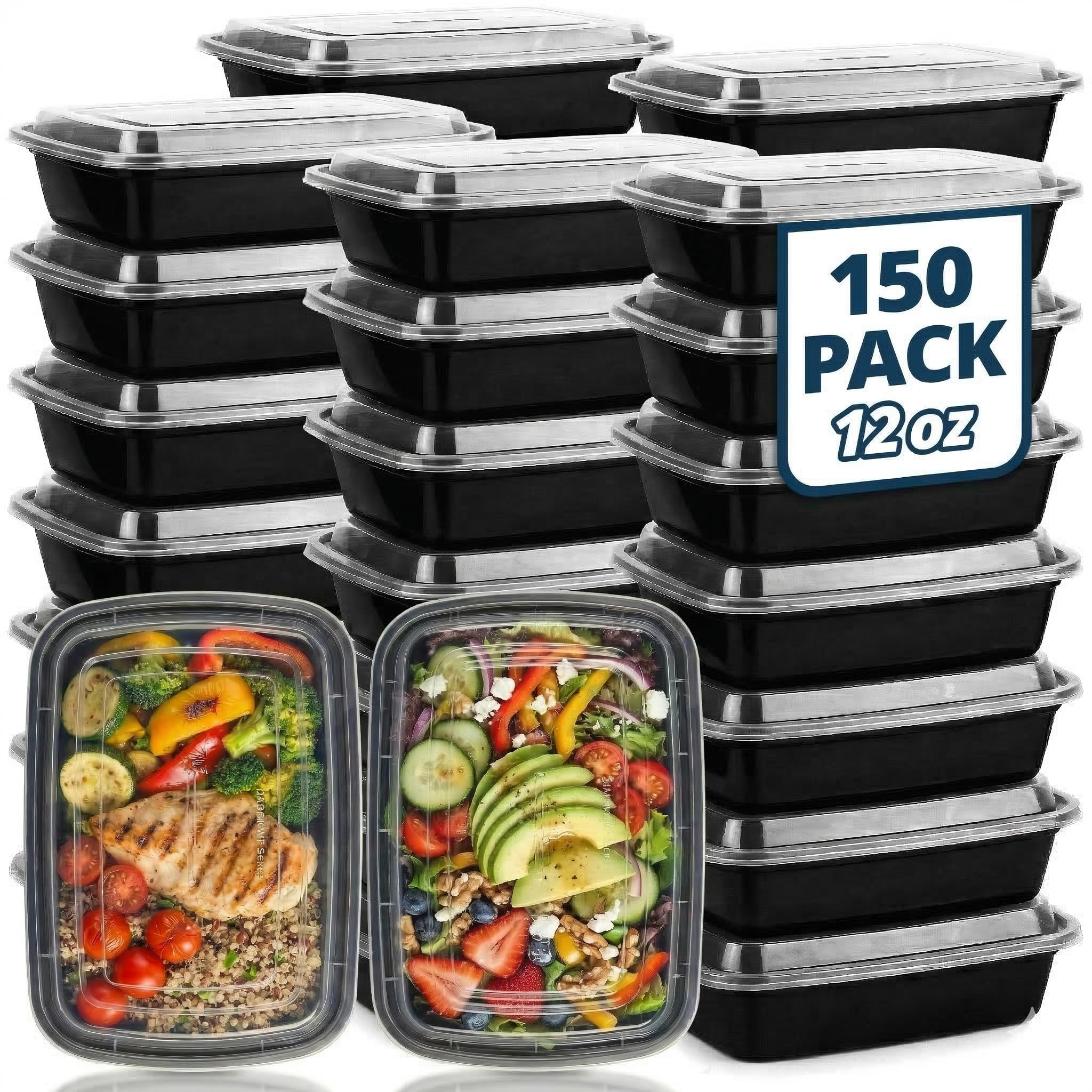 TIYA - Recipientes de comida para llevar, 12 onzas, paquete de 150 unidades con tapas, recipientes rectangulares de plástico para llevar, reutilizables, aptos para microondas y lavavajillas, a prueba