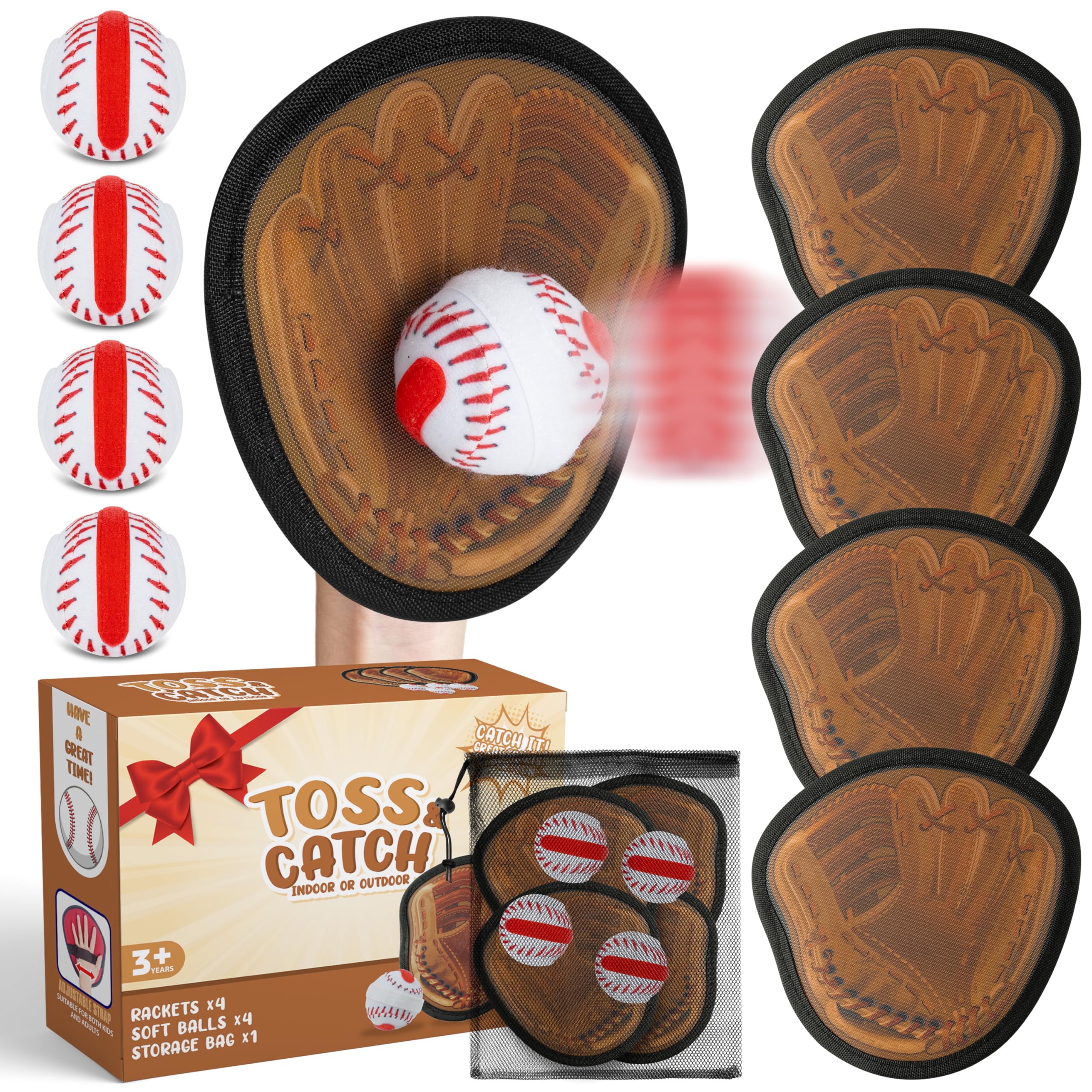 Baseball Klettballspiel für Kinder, 4 Baseball-Handschuh-Paddel & 4 Klettbälle, Outdoor Ballspiel-Set für Jungen Mädchen Familienaktivität, Training Motorik & Koordination, Alter 3 4 5 6 7 8+
