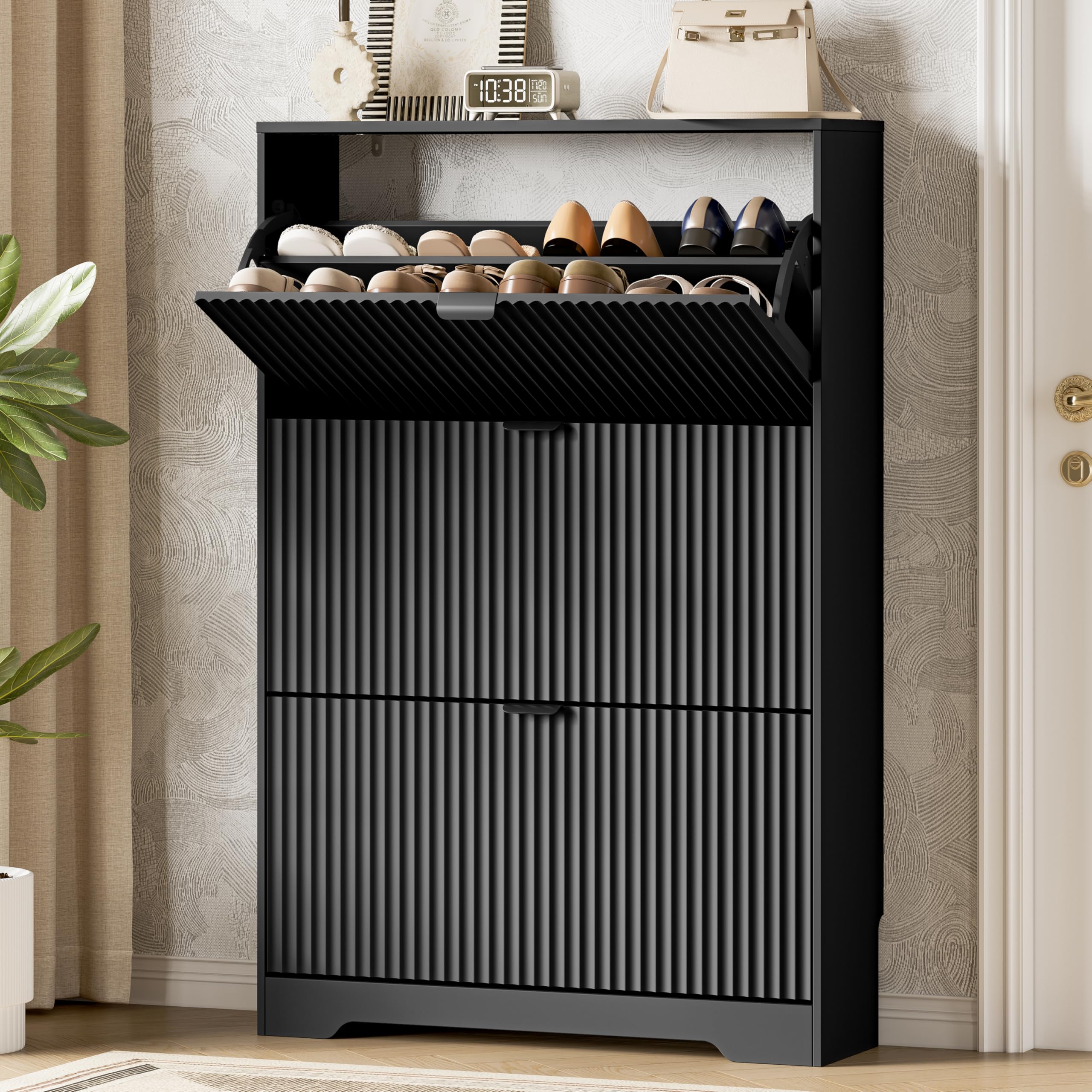 Xixini Shoe Storage Cabinet for Entryway with 3 Flip Drawers, Hidden Slim Wood Shoe Organizer with Modern Fluted Panel, Freestanding Narrow Shoe Rack for Front Door Entrance, Hallway, Foyer, Black