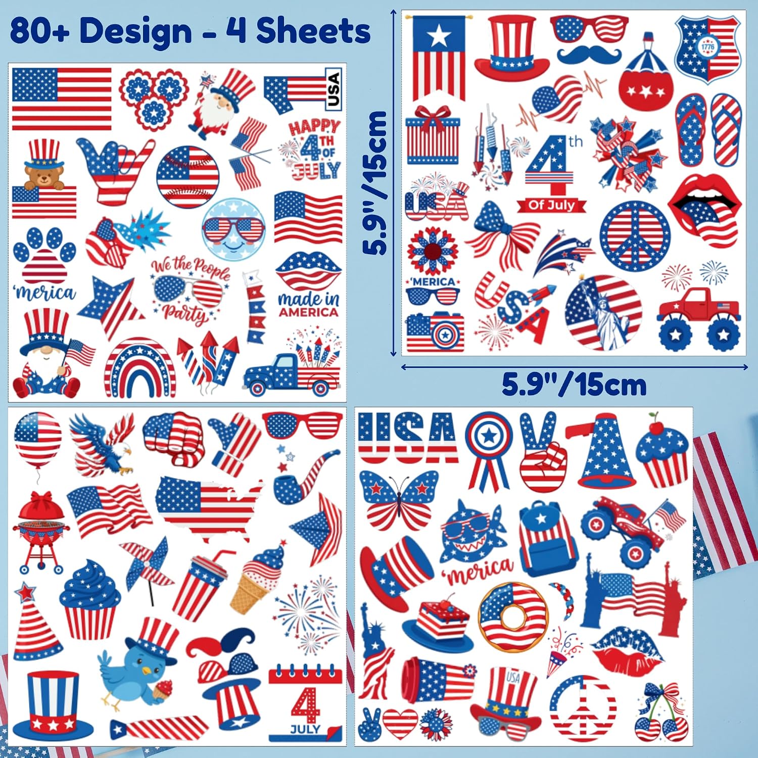 85Pcs Fourth Of July Patriotic Temporary Tattoos - Memorial Day Decorations Party Favors 4th of July Decorations Supplies 4th of July Gift Patriotic Accessories Independence Day Red White Blue USA