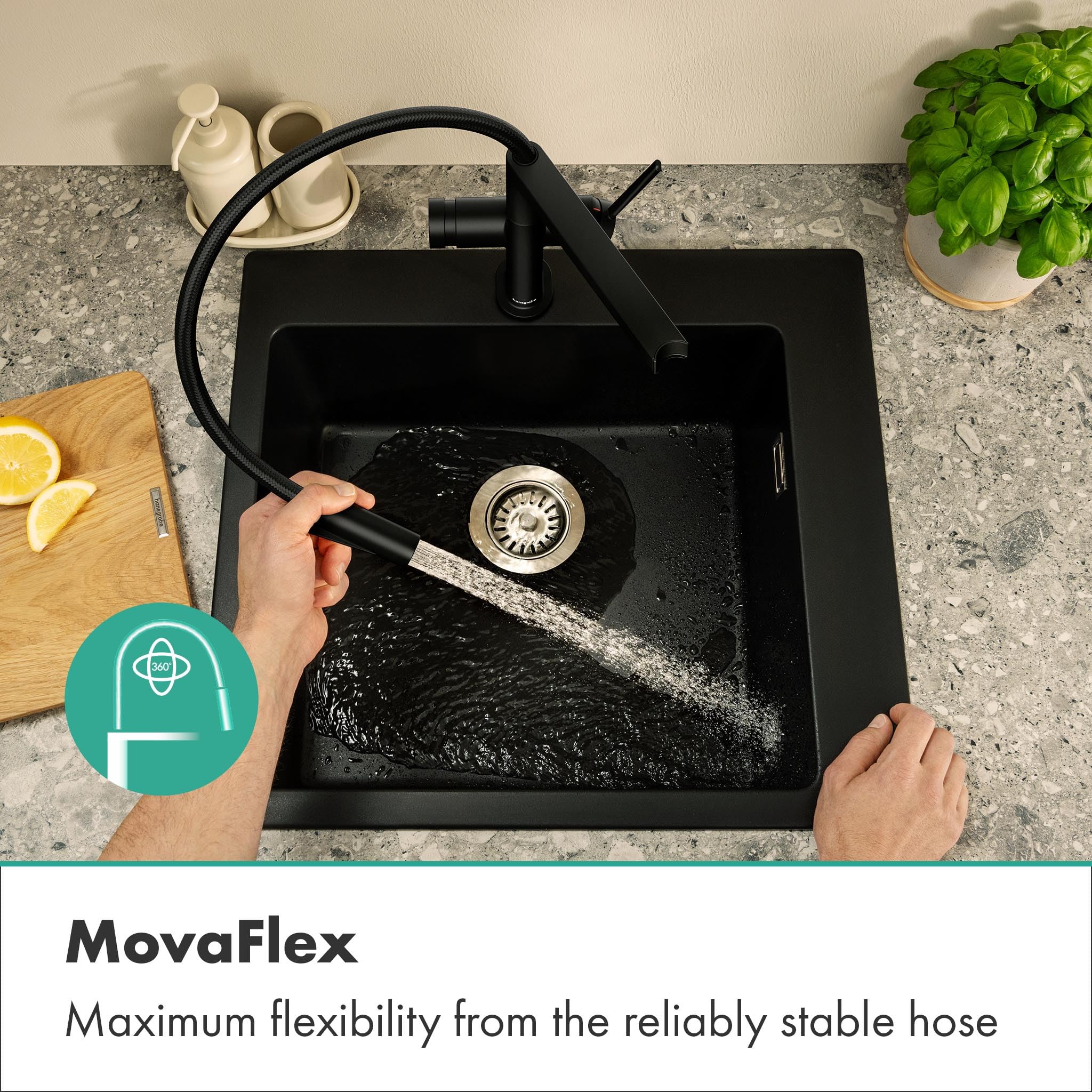 hansgrohe Talis Select M54 PowderSpray - grifo de cocina con ducha extraíble, SemiPro, 3 tipos de chorro, altura del caño 210 mm, grifo cocina fregadero con caño giratorio, negro mate, 72861670