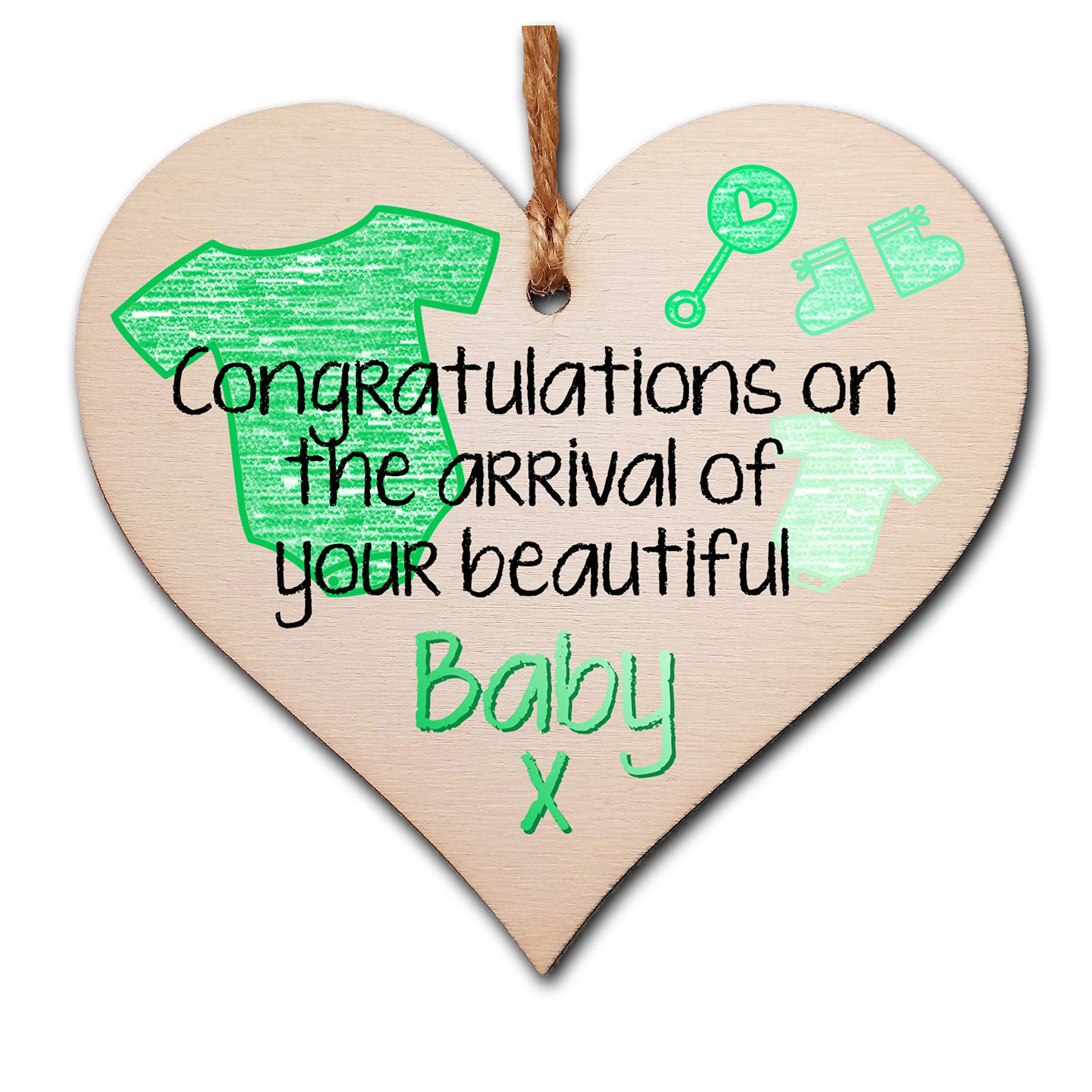 Handmade Wooden Hanging Heart Plaque Gift Congratulations on the arrival of your beautiful baby new baby present new parents green gender neutral nursery wall decoration crayon style โ image 1