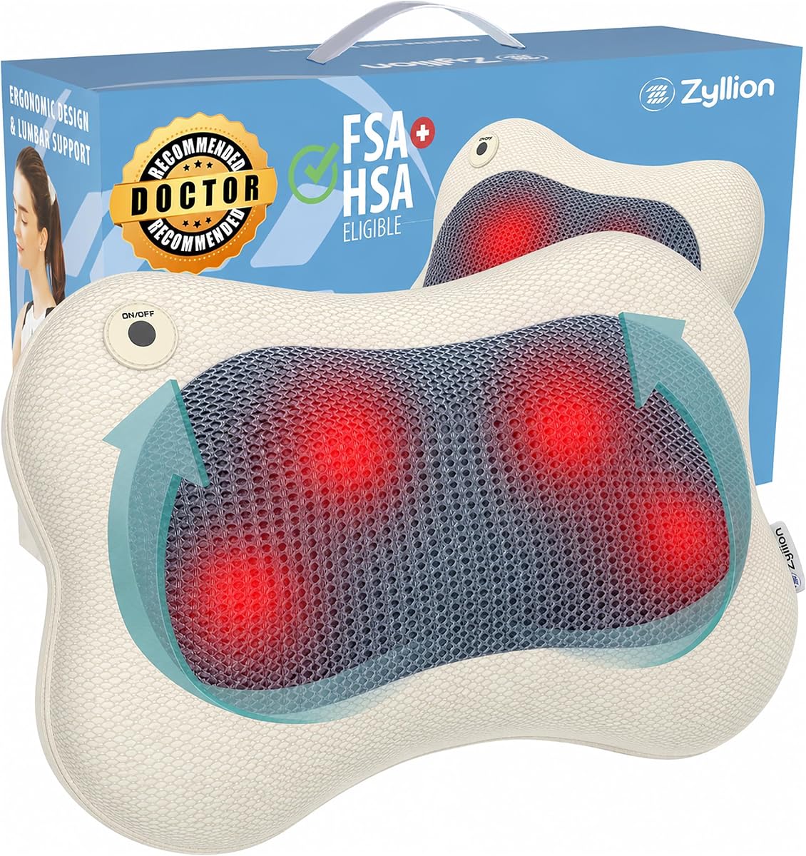 Zyllion ZMA-13 Back and Neck Massager with Heat for Pain Relief, Cream | Doctor Recommended, Shiatsu, Deep Tissue, 3D Kneading, Muscle Therapy, Car Adapter, Corded Electric, UL 1647 Safety Certified