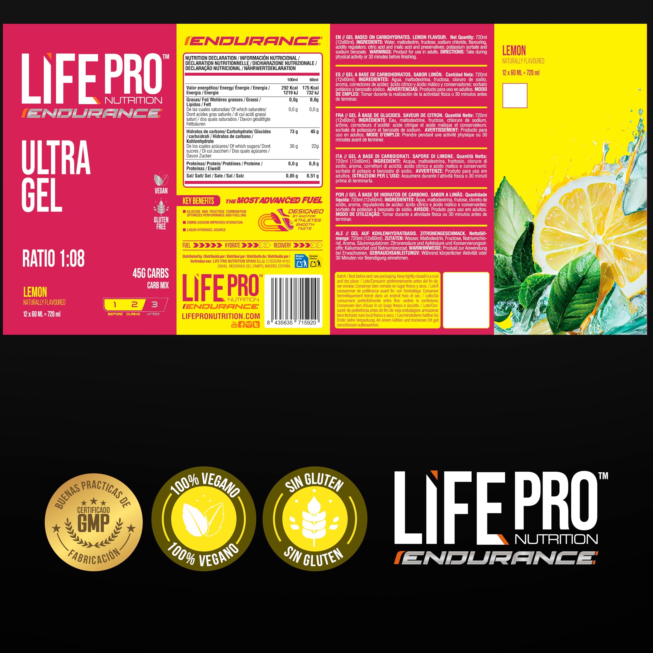 Life Pro Endurance Ultra Gel 1:08 12X60Ml - Gel Energético Sin Cafeína Para Deportistas Resistencia, Running, Ciclismo Y Triatlón Con Carbohidratos De Absorción Rápida Y Electrolitos - Sabor Limón