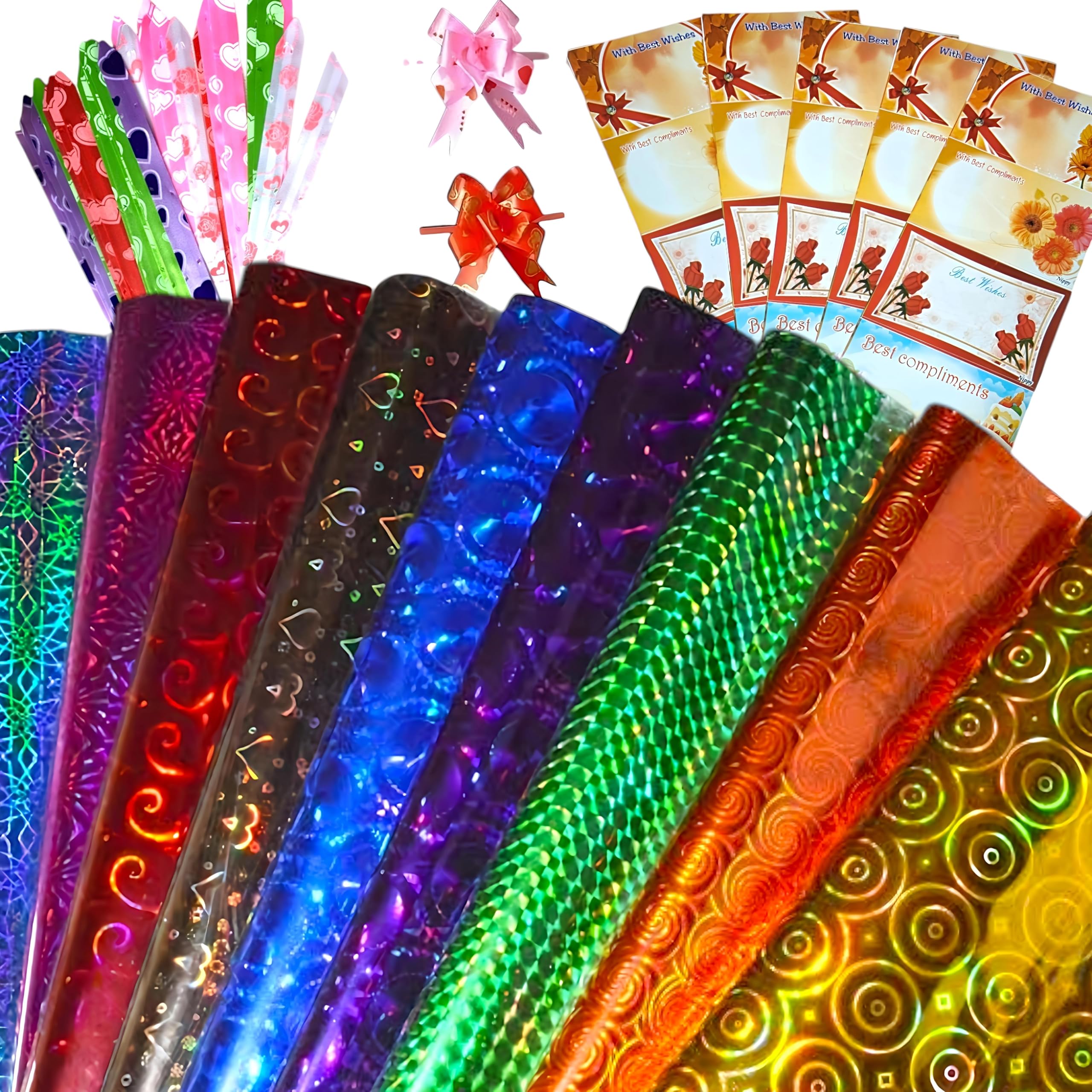 CRAFTY WHEELS Holographic Pack of 50 Metallic Gift Wrapping Paper Sheets with Stickers and Pull Flowers for Packing Gifts for Birthdays, Wedding, Parties, 67cm X 47cm