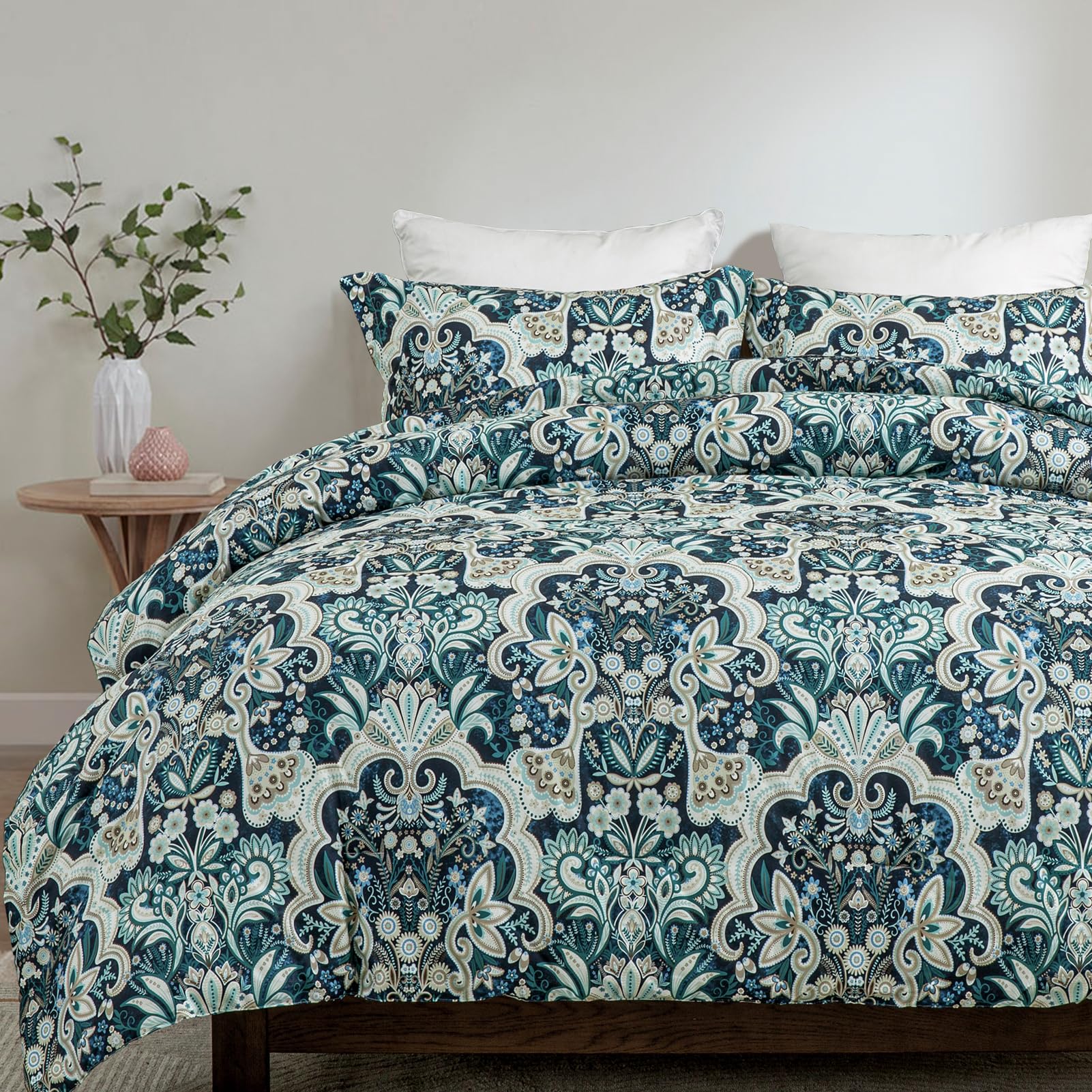 Finlonte King Comforter Set, Damask Paisley Ethnic Comforter Bedding Sets King, Cotton Fluffy Cooling Comforter King Size, 3Pc Floral Lightweight Quilted Comforter All Season, Navy/Taupe, 104"x90"