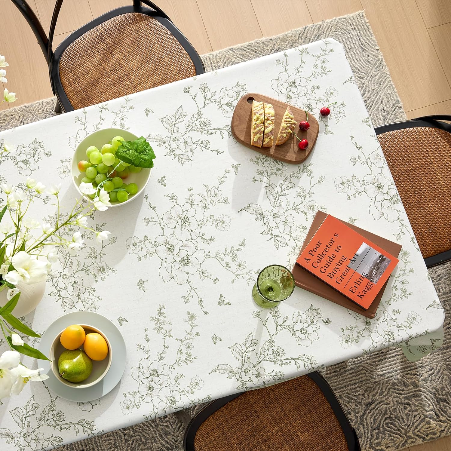 French Floral Tablecloths Rectangular Linen Table Cloth with Green Flowers Pattern Burlap Textured Farmhouse Vintage Rustic Outdoor Table Cover for Picnic,Dining,Party,Home Decor 55x102 Inch