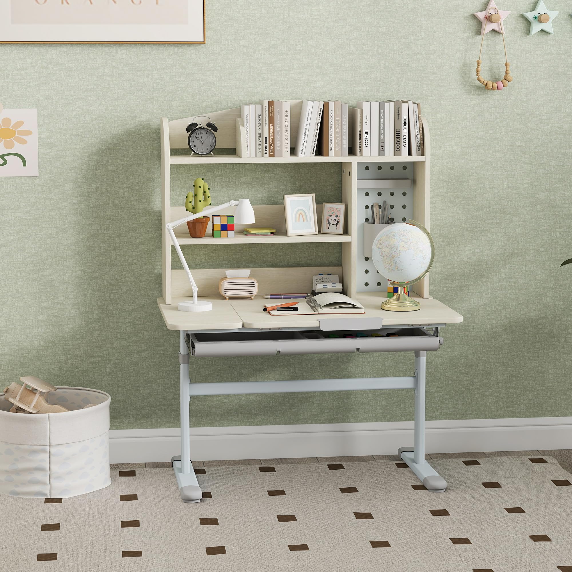 AIYAPLAY Bureau pour Enfants, Table d'étude réglable en Hauteur avec Plateau inclinable, Rangement, Panneau perforé, 3-12 Ans, Naturel