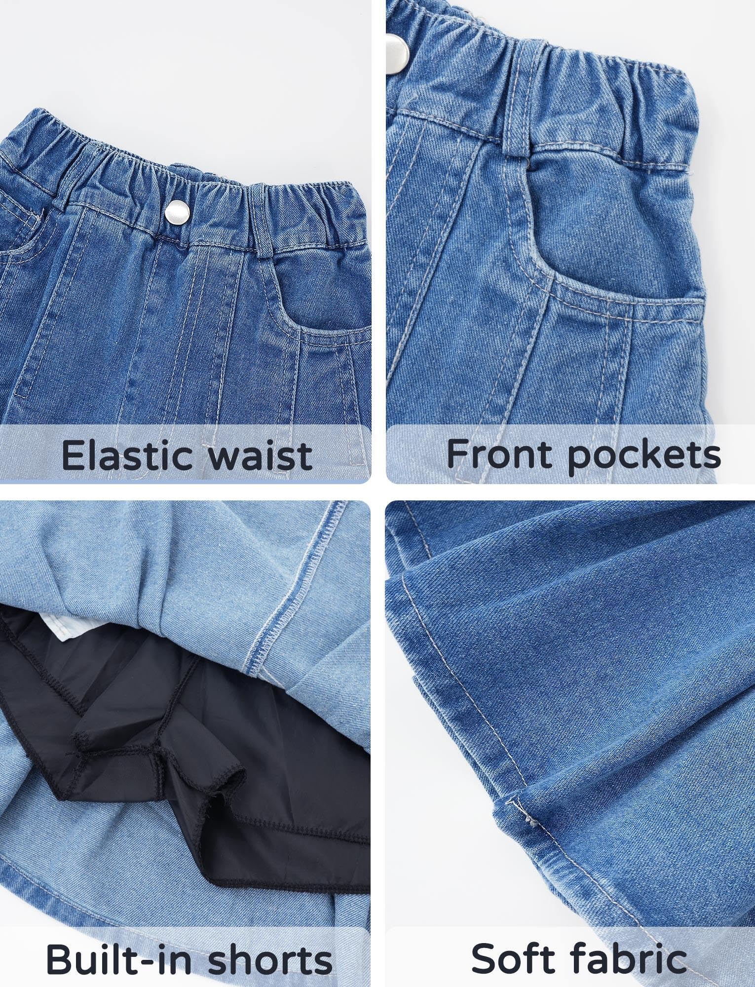 FEOYA Gonna in denim per bambini e ragazze, con elastico in vita, casual, gonna in jeans estiva, linea A, gonna in denim blu plissettata gonna elasticizzata traspirante morbida con tasche per 5-14