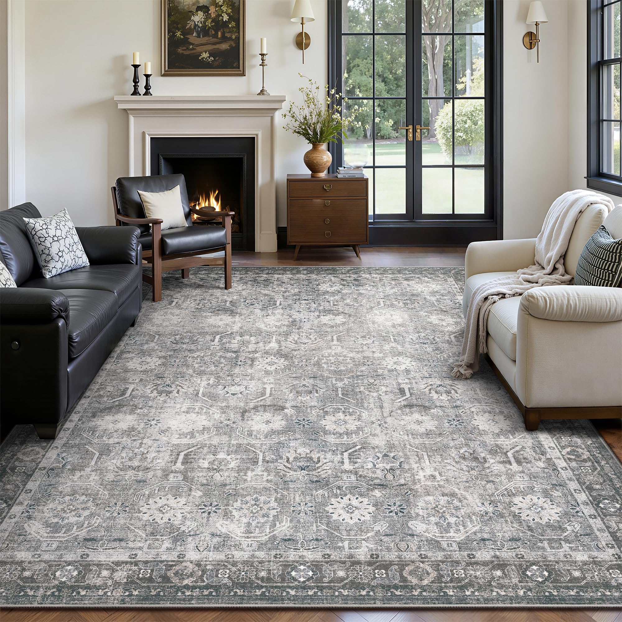 Woodbruy 5x7 Area Rugs, Soft Non Slip Low Pile Washable Rug, Boho Modern Rug for Living Room, Bedroom, Dining Room, Distressed Grey