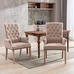 Chaise à manger en tissu avec armoiries, Chaises de salle à manger haute arrière rembourrée Tufted, Fauteuil Accent avec jambe en bois massif et plateau en nail, Cuisine Salle à manger Salon, Beige