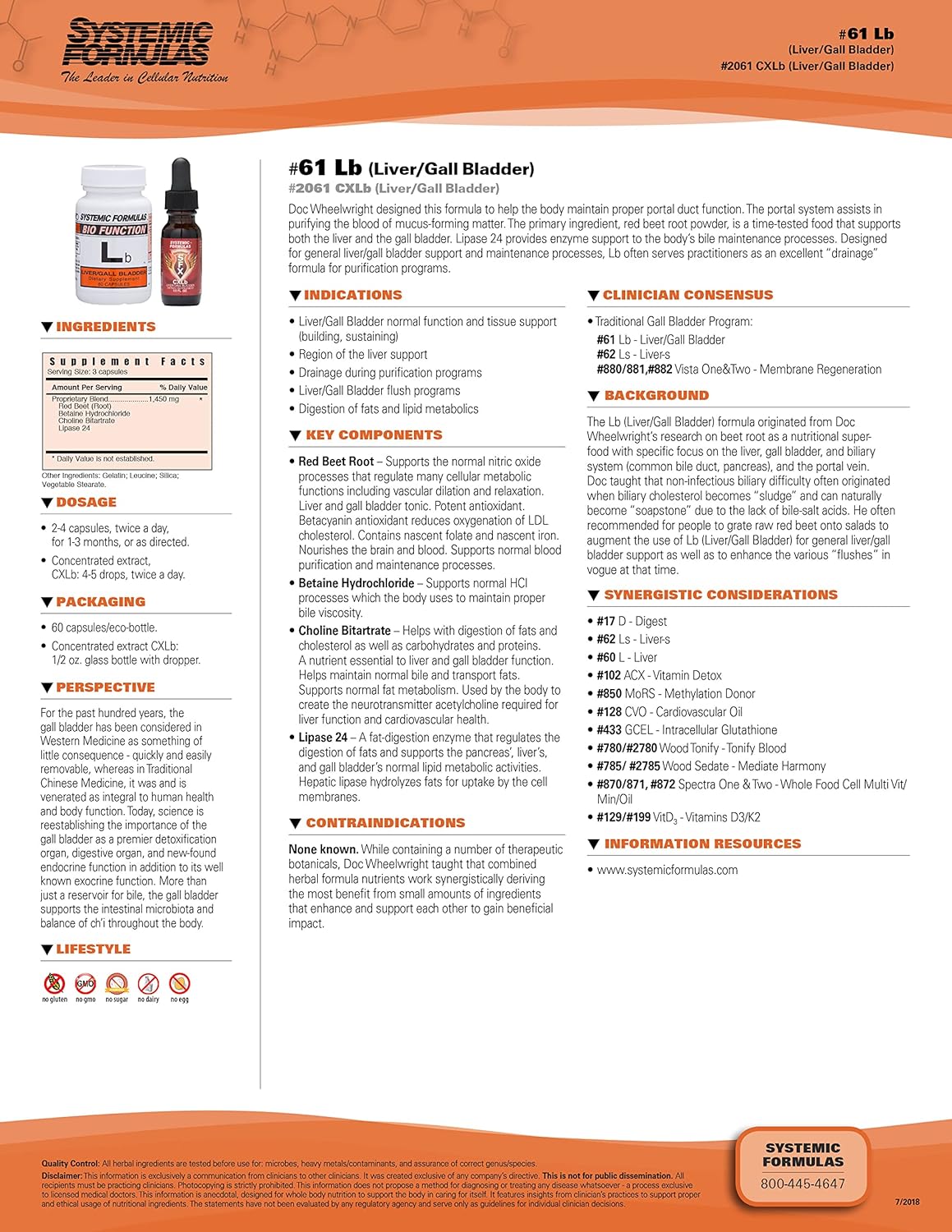 Systemic Formulas Lb – Liver/Gall Bladder 60 Capsules Bio Function #61. Liver + Gall Bladder Support, Portal Duct Function Supplement. Contains Red Beet Root Powder.