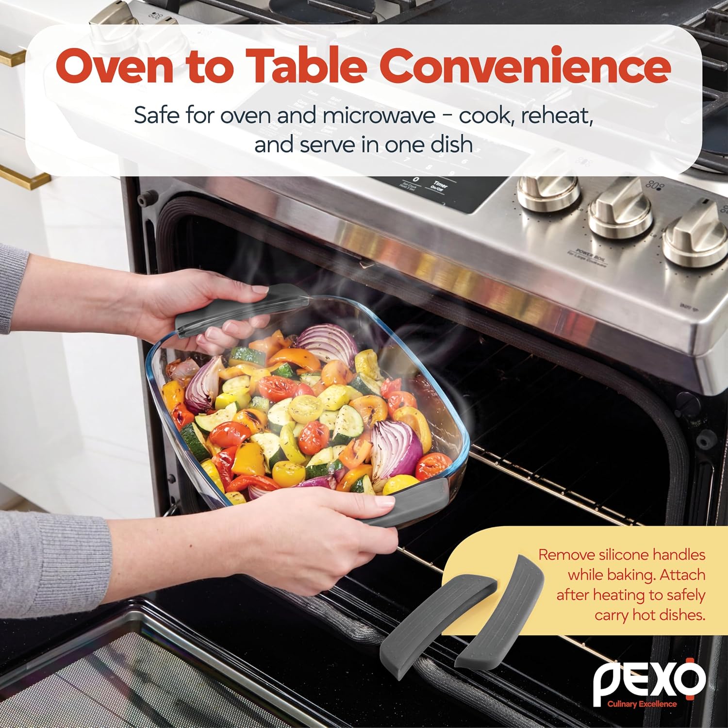 PEXO 6-Piece Glass Baking Dishes with Lids, Clear Glass Bakeware with Silicone Handles, (2.11QT, 3QT, 4.12QT) Casserole Dishes, Oven Dishwasher and Freezer safe, Rectangular Stackable Nesting Baking Dish set (Gray)