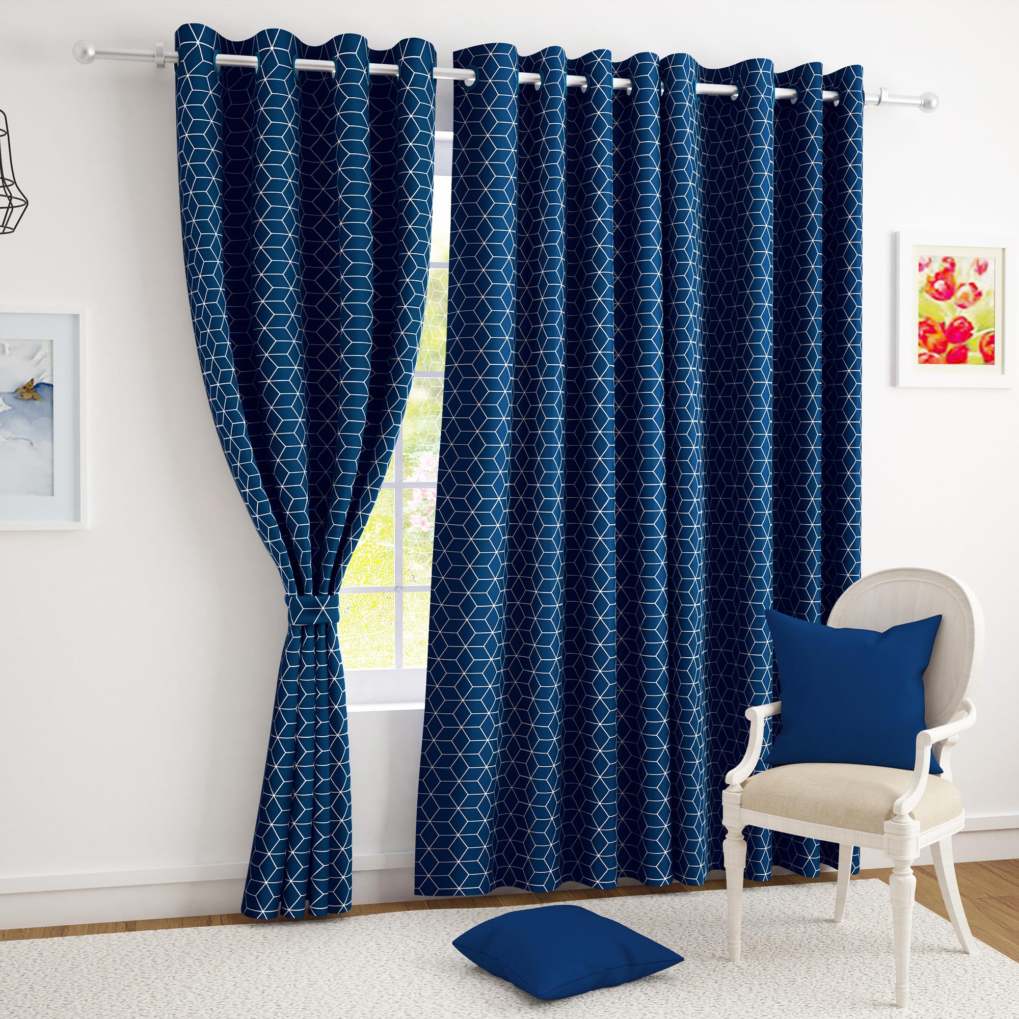 Story@Home Blackout Foil Long Door Curtains 9 Feet Set of 2 Room Darkening Curtain Hexagon Print Opaque Room Darkening Curtain for Living Rooms, Bedrooms, Halls, 116 x 275 cm, Blue, 100% Opacity