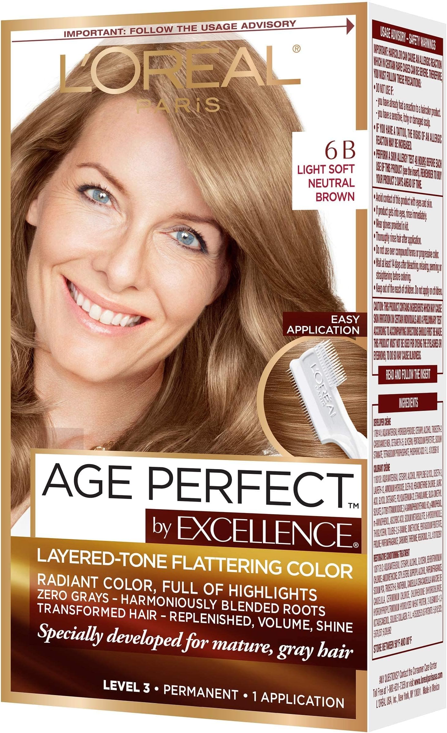 LโOrรฉal Paris L'Oreal Excellence Age Perfect Layered Tone Flattering Color, 6B Light Soft Neutral Brown (Packaging May Vary)