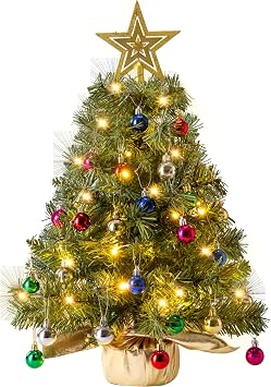 JOIEDOMI 24"/2FT Small Tabletop Christmas Tree with Lights with Star Treetop and Hanging Ornaments, Pre-lit Artificial Christmas Green LED Mini Tabletop Tree for Xmas Decorations Indoor Outdoor