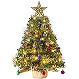 JOIEDOMI 24'/2FT Small Tabletop Christmas Tree with Lights with Star Treetop and Hanging Ornaments, Pre-lit Artificial Christmas Green LED Mini Tabletop Tree for Xmas Decorations Indoor Outdoor Tree with Ornament