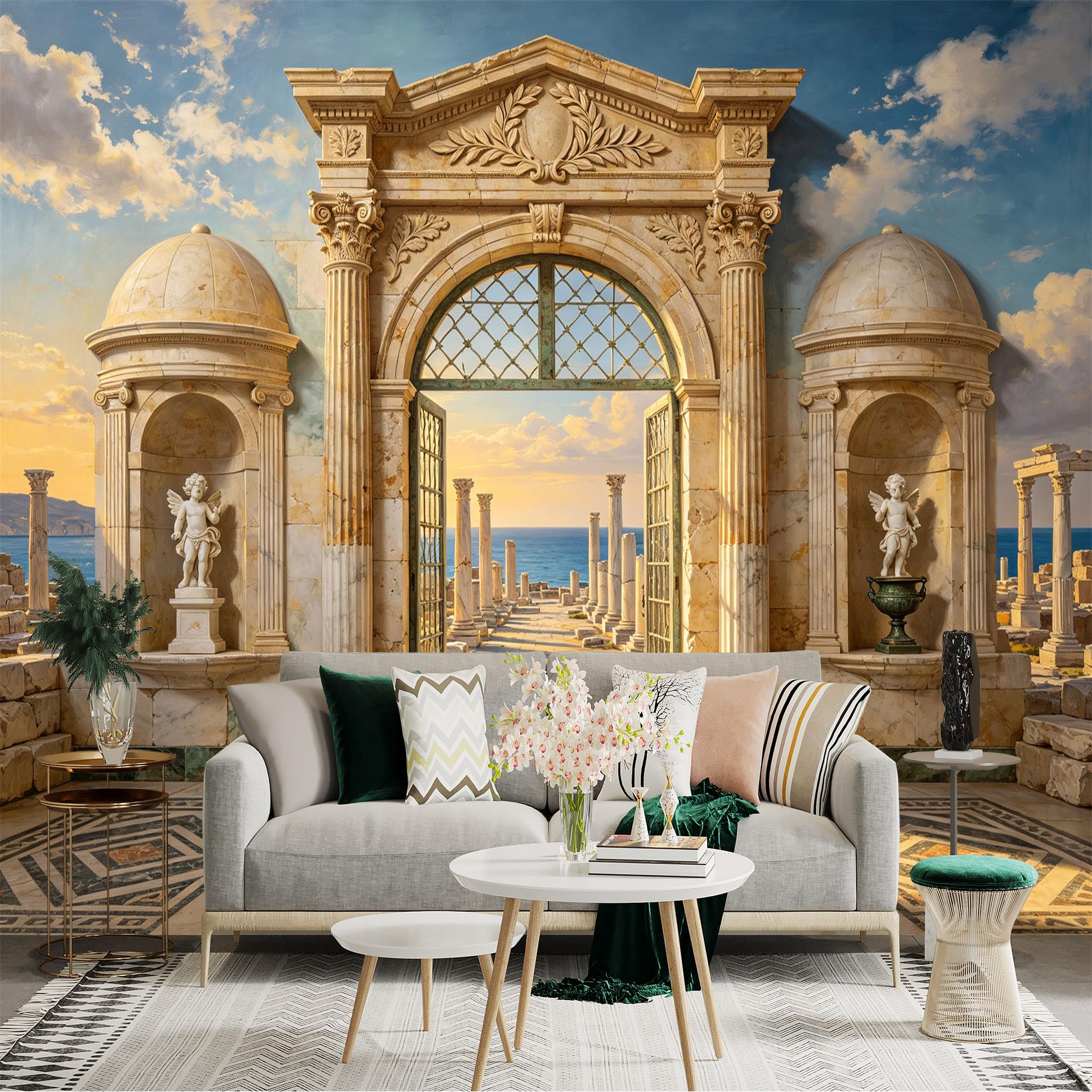 Custom Size Wall Sticker Mural， Ancient Marble Archway with Ocean View， Classical Columns and Sunset Ruins， for wall Decoration， peelandstick wall Decals.