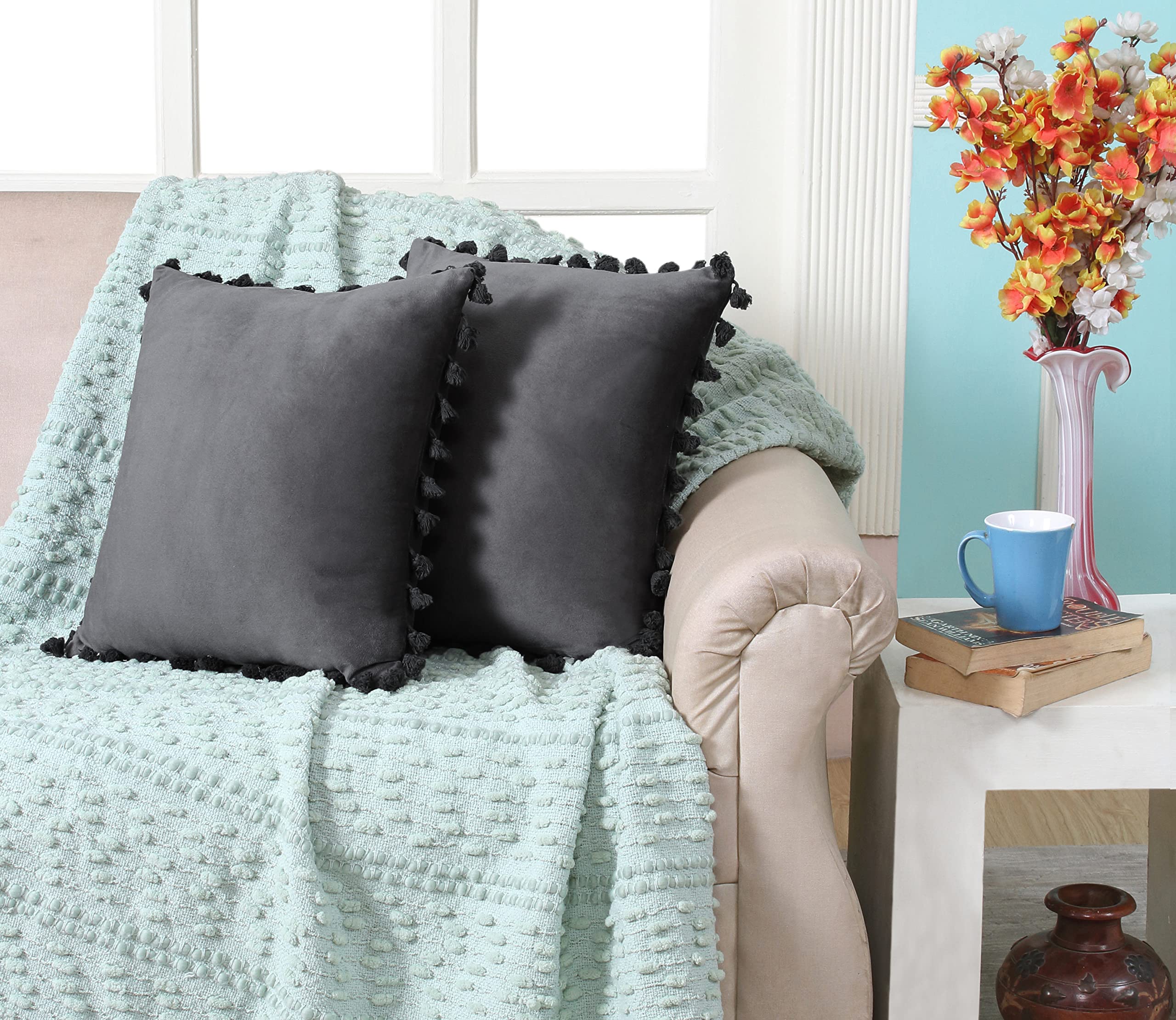 Velvet Tassels Fringe Design Cushion Cover 12 X 12 Inches (30x30cm) Set of 2 Large Square Throw Pillow Covers for Sofa Living Room in Gray Color-image-36