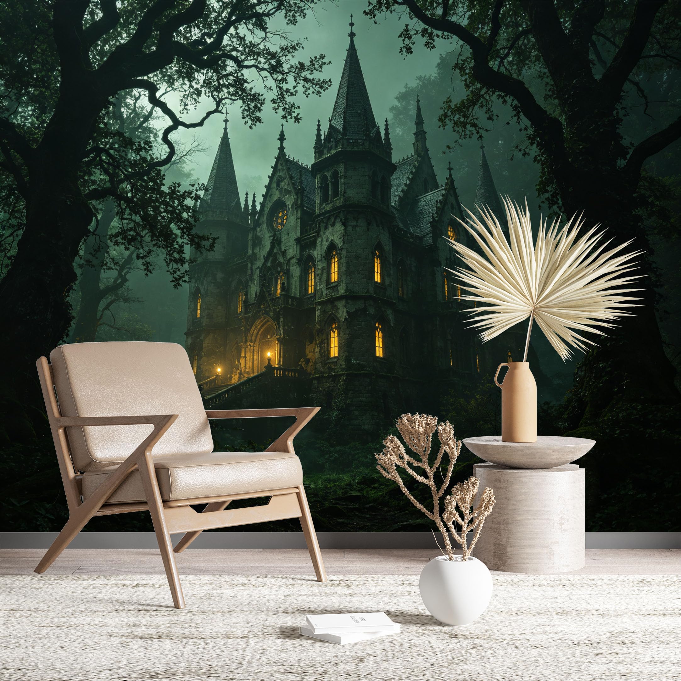 Custom Size Wall Murals Spooky Castle in Misty Forest Wall Murals Gothic Wallpaper Wall Covering Fabric Self-Adhesive Removable Wallpaper for Living Room Bedroom
