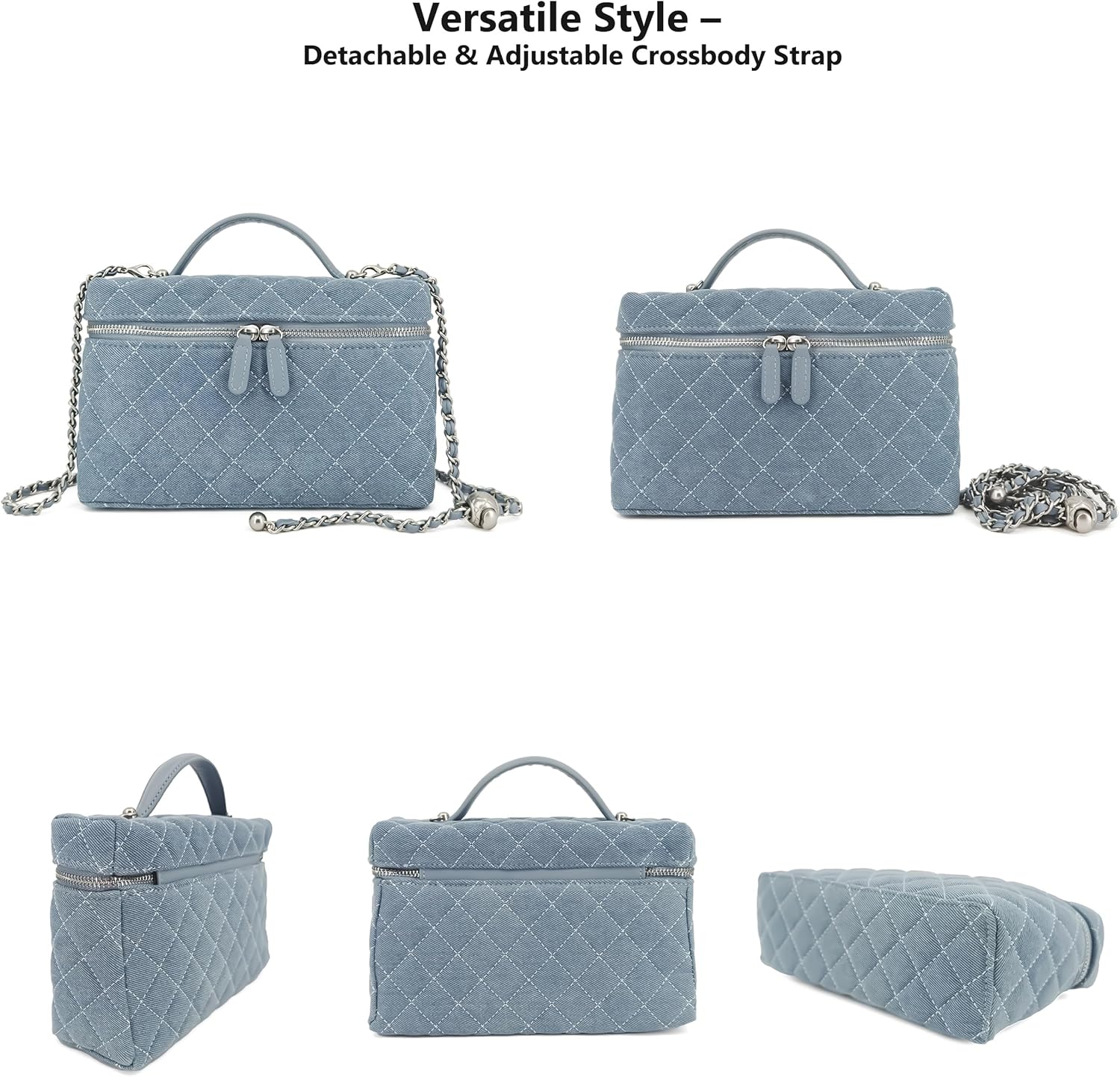Small Quilted Denim Top-Handle Pouch Purse for Women, Designer Slim Vanity Case, Crossbody Bag with Removable Strap - Image 3