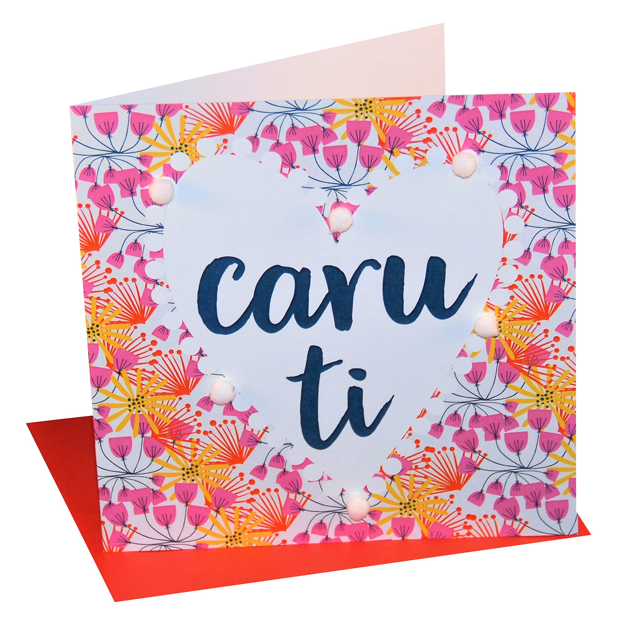 Claire Giles Greeting Cards, Welsh Valentine's Day Card, Dwynwen Day Hearts, Love You, Embellished with Colourful Pompoms
