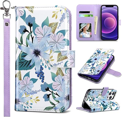 ULAK Funda tipo cartera compatible con iPhone 13 Pro para mujer, diseño de flores de jardín, funda de piel sintética con tarjetero y función atril