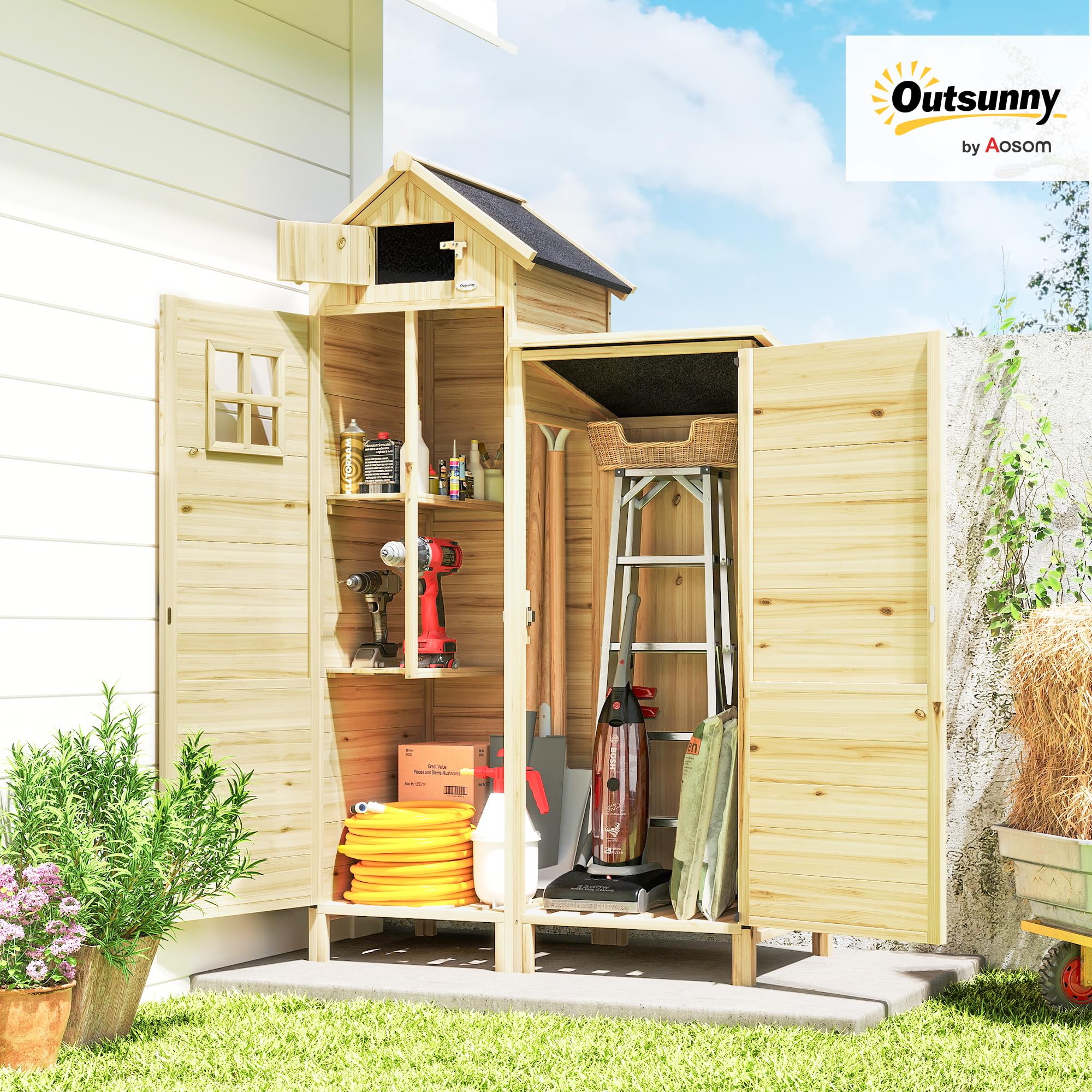 Outsunny Armadio da Giardino in Legno di Abete Design a Doppia Zona, Casetta Porta Attrezzi da Esterno con Ripiani Amovibili, Finestre, Porte, Tetto Asfaltato Inclinato, 106x57x167 cm, Color Legno