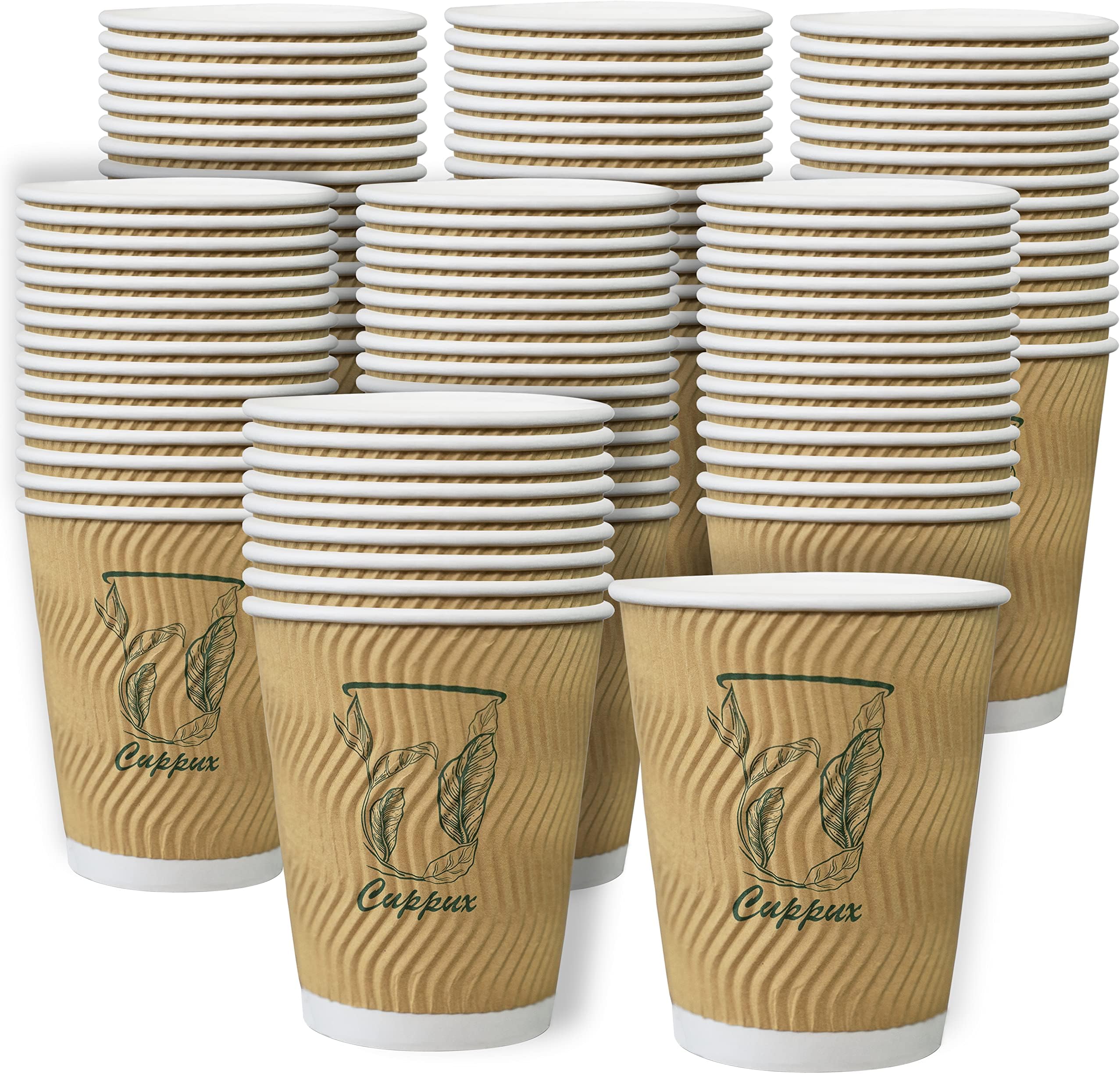 100 x Kraft 12oz Ripple 3 Ply Disposable Insulated Paper Cups For Tea