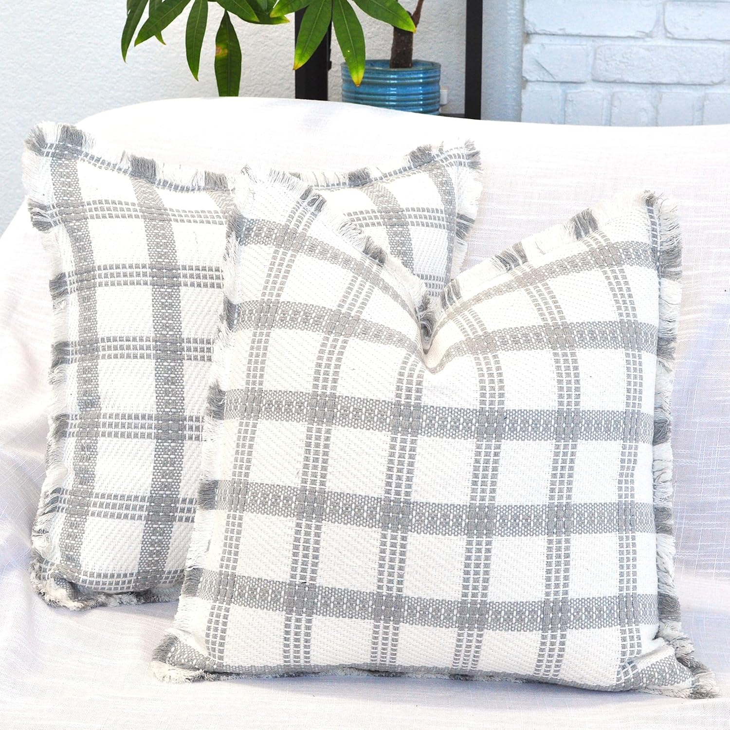 Checkered Throw Pillow Covers with Fringe Set of 2 Woven Cotton Plaid Cushion Covers With Tassels Trim Edge Square Pillow Cases Classic Scandinavian Cottagecore Checks Pattern Grey and White 18x18