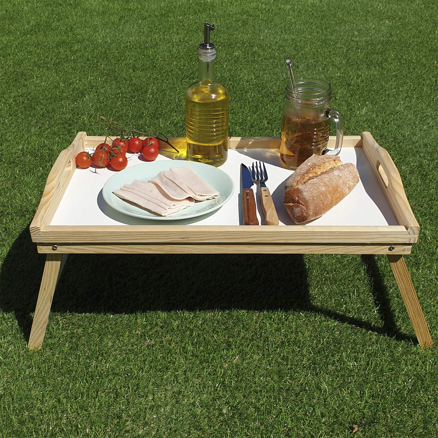 CONFORTIME Plateau lit pliable, table en bois avec poignées 50 x 30 x 22 cm avec base blanche facile à nettoyer