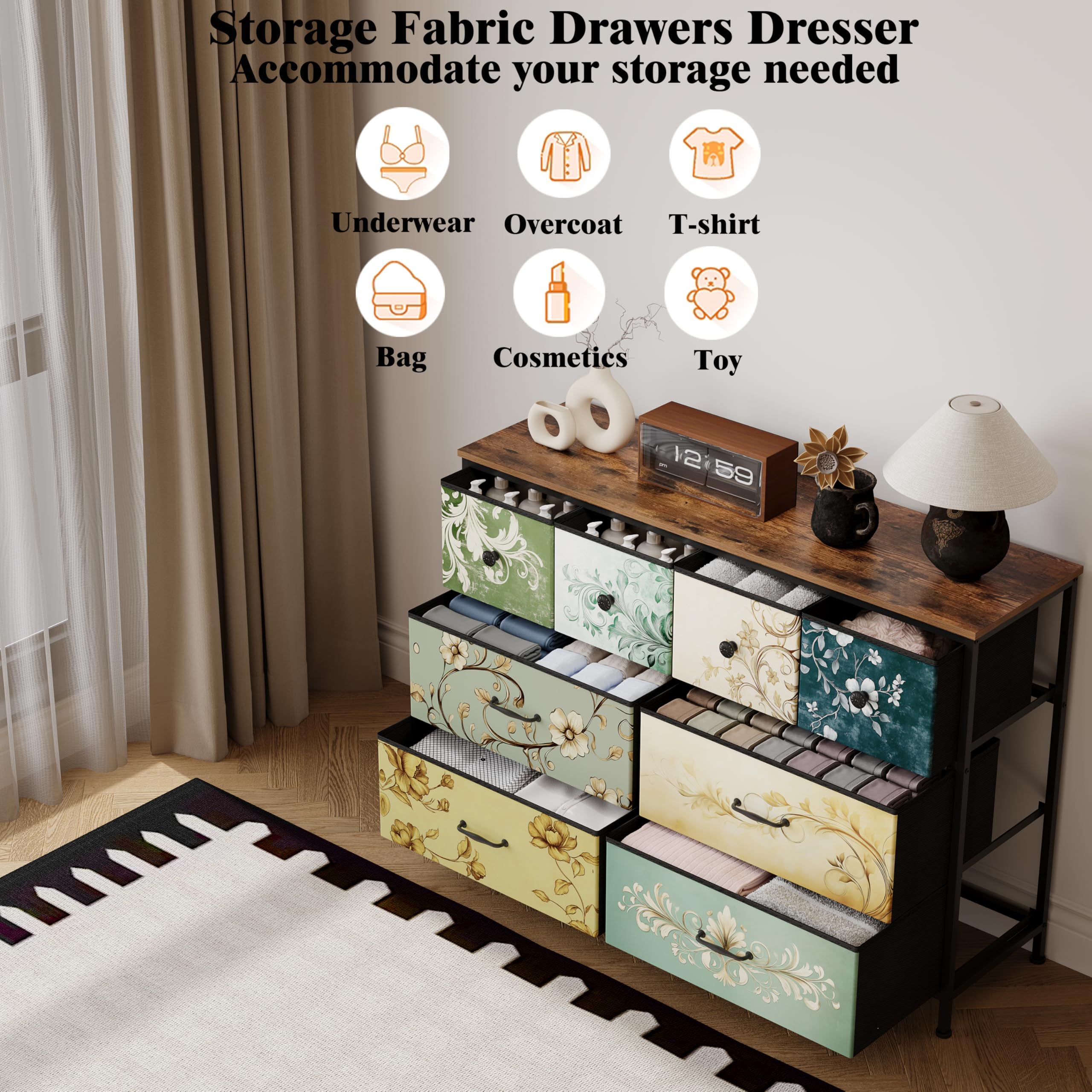 Stoff-Kommode Mit 10 Schubladen – Retro-Design, Stahlrahmen, Holzplatte, Für Schlafzimmer, Kinderzimmer & Flur (braun)