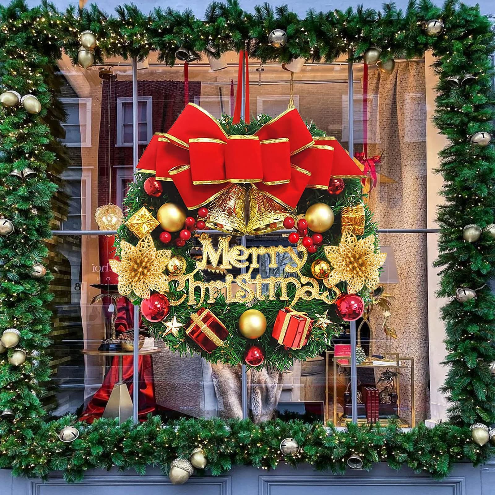Ghirlanda Natalizia 30cmChristmas Wreath con Campane Ghirlanda Artificiale Ghirlanda di Buon Natale Decorativa Christmas Ghirlanda Porta Regalo di Natale Ringraziamento Decorazioni