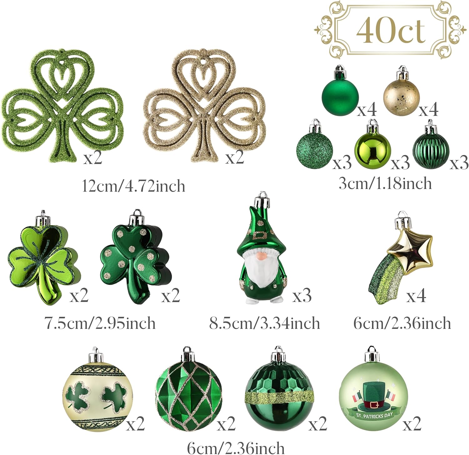 Valery Madelyn St Patricks Day Decorations Shamrock Tree Ornament,40pcs Hanging Ball Ornament Gnome Decor for Irish Festival, Good Luck Clover Emerald Green Gold Christmas Ball for Party Home Spring