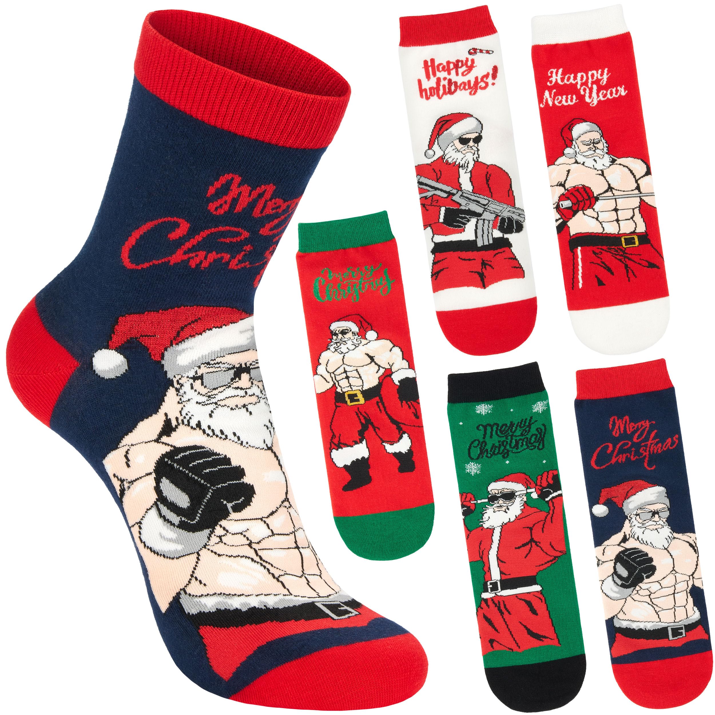 Brubaker Men's Muscular Father Christmas 5 Pairs Of Christmas Socks - Bodybuilder Santa - Funny Sock Set - Colourful Cotton Footwear - Gift For - Size 7-11 Uk (41-45 Eu)