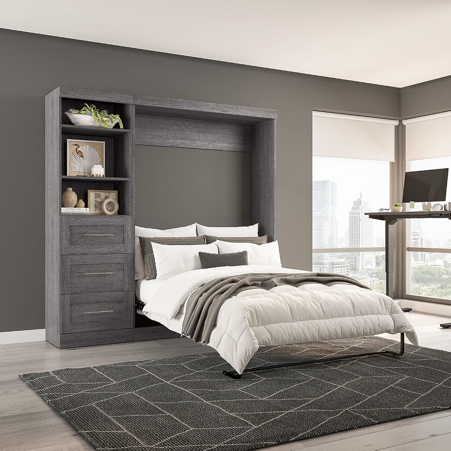 Bestar Pur Full Murphy Bed and Storage Unit with Drawers, 84-inch Space-Saving Wall Bed with Storage in Bark Grey
